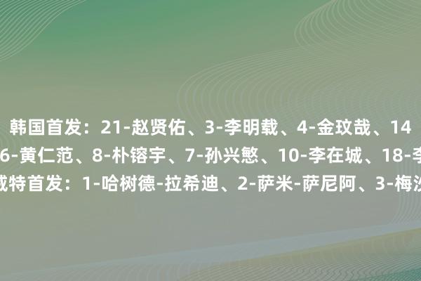 韩国首发：21-赵贤佑、3-李明载、4-金玟哉、14-曹侑珉、22-薛英佑、6-黄仁范、8-朴镕宇、7-孙兴慜、10-李在城、18-李刚仁、19-吴世勋科威特首发：1-哈树德-拉希迪、2-萨米-萨尼阿、3-梅沙里-埃内兹、4-哈树德-哈吉亚、21-哈桑-哈姆丹、7-穆罕默德-达哈姆、11-拉什迪、14-雷达-哈尼、18-阿斯比-谢哈布、9-萨尔曼-阿瓦迪、19-扎菲里    体育录像/图片